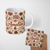 Personalized Custom Name Red Christmas Snowflake Tree Folk Art Winter Seamless Pattern Lovely 11oz Ceramic Coffee Tea Mug White Large Handle