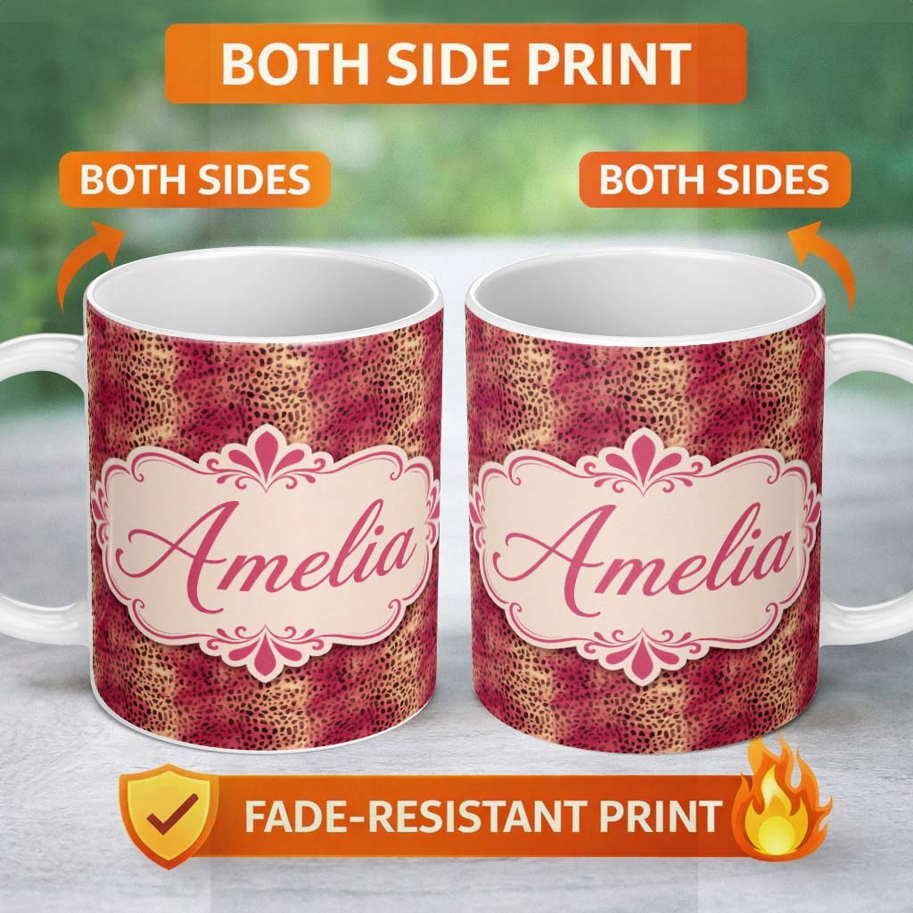 Personalized Custom Name Bold Pink Black Speckled Abstract Animal Texture Seamless Pattern 11oz Ceramic Coffee Tea Mug White Large Handle