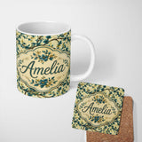 Personalized Custom Name Elegant Blue Floral Branches on Cream Background Seamless Pattern 11oz Ceramic Coffee Tea Mug White Large Handle