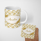 Personalized Custom Name Gold Glitter Holly Christmas Pattern Festive Seamless Design Lovely 11oz Ceramic Coffee Tea Mug White Large Handle