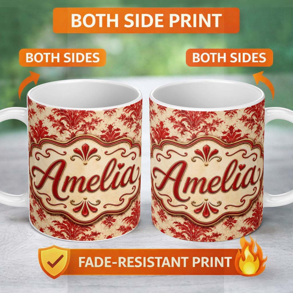 Personalized Custom Name Classic Red Blue Damask Ornamental Seamless Pattern Cute Unique Gift 11oz Ceramic Coffee Tea Mug White Large Handle