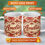 Personalized Custom Name Classic Red Blue Damask Ornamental Seamless Pattern Cute Unique Gift 11oz Ceramic Coffee Tea Mug White Large Handle