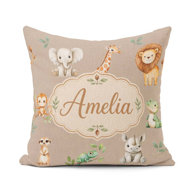 Custom Name Safari Animals with Lion and Crocodile on Warm Beige Square Filled Cushion Throw Pillow Sofa Bed Home Decor Zip Washable UK Made