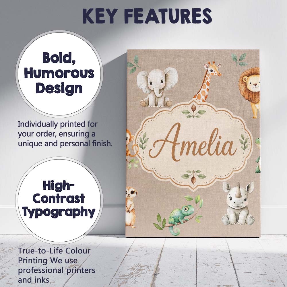 Personalised Name Safari Animals with Custom Modern Room Accent Creative Decorator Style Canvas Wall Art Print Decor Picture Ready to Hang