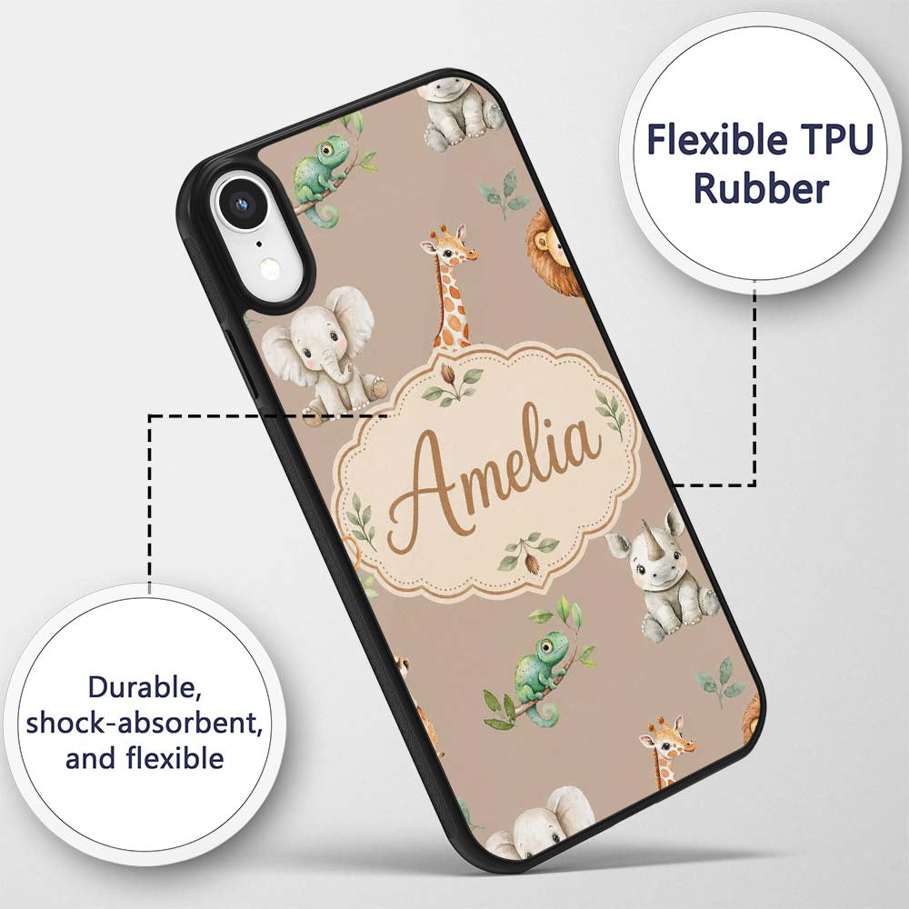 Safari Animals with Elephant Lion and Crocodile Custom Name Protective Phone Case Mobile Cover Durable Everyday Smartphone Shock Resistant