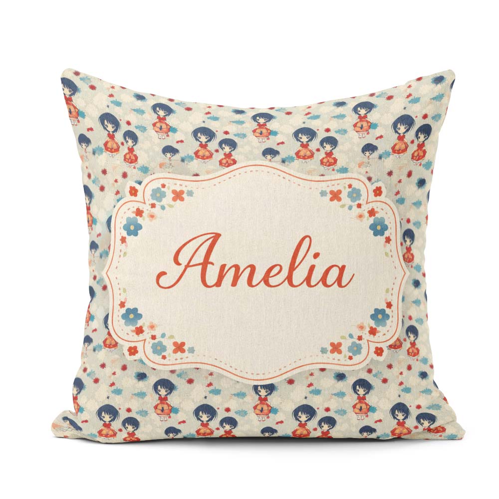 Custom Name Japanese Doll Red Kimono Floral Pattern Style Design Square Filled Cushion Throw Pillow Sofa Bed Home Decor Zip Washable UK Made