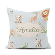 Custom Name Safari with Elephant Lion and Crocodile on Soft Blue Square Filled Cushion Throw Pillow Sofa Bed Home Decor Zip Washable UK Made