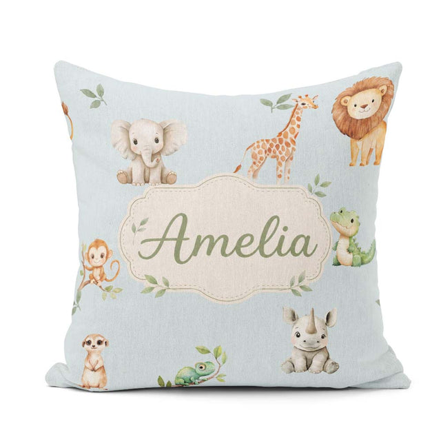 Custom Name Safari with Elephant Lion and Crocodile on Soft Blue Square Filled Cushion Throw Pillow Sofa Bed Home Decor Zip Washable UK Made