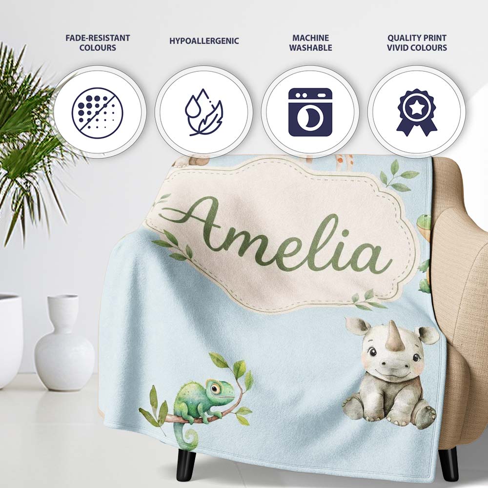 Safari Animals with Elephant Lion and Crocodile on Soft Blue Lovely  Personalised Custom Name Super Soft Fleece Blanket Bed Sofa Throw