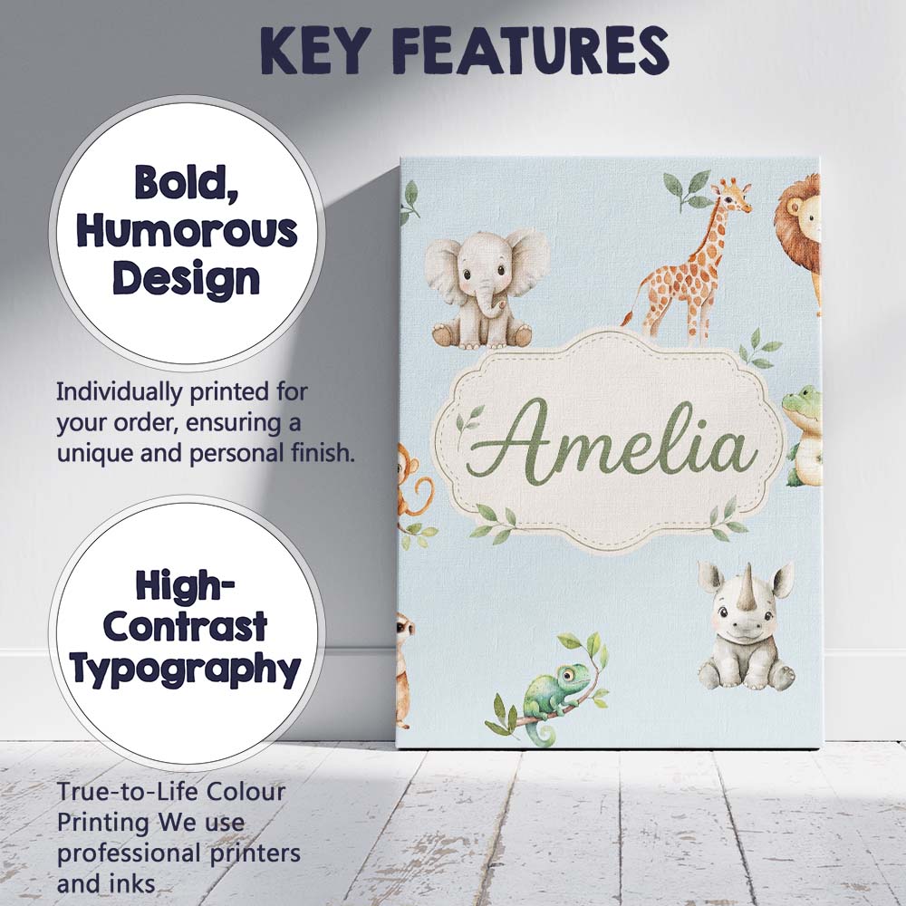 Personalised Name Safari Animals with Custom Modern Room Accent Creative Decorator Style Canvas Wall Art Print Decor Picture Ready to Hang