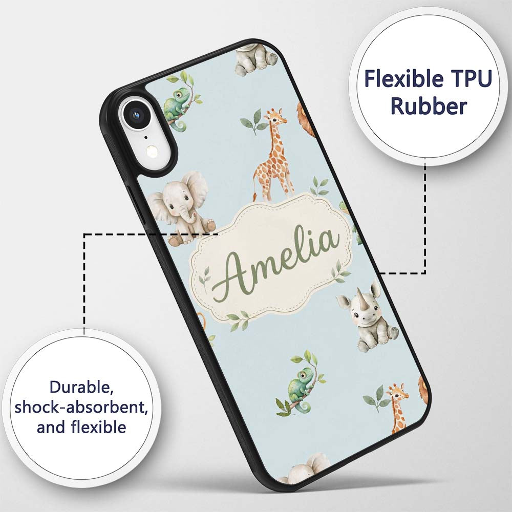 Safari Animals with Elephant Lion and Crocodile Custom Name Protective Phone Case Mobile Cover Durable Everyday Smartphone Shock Resistant