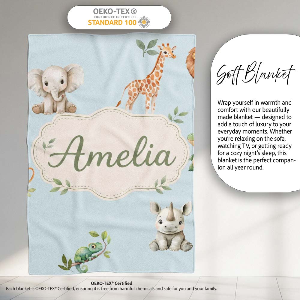Safari Animals with Elephant Lion and Crocodile on Soft Blue Lovely  Personalised Custom Name Super Soft Fleece Blanket Bed Sofa Throw