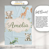 Safari Animals with Elephant Lion and Crocodile on Soft Blue Lovely  Personalised Custom Name Super Soft Fleece Blanket Bed Sofa Throw