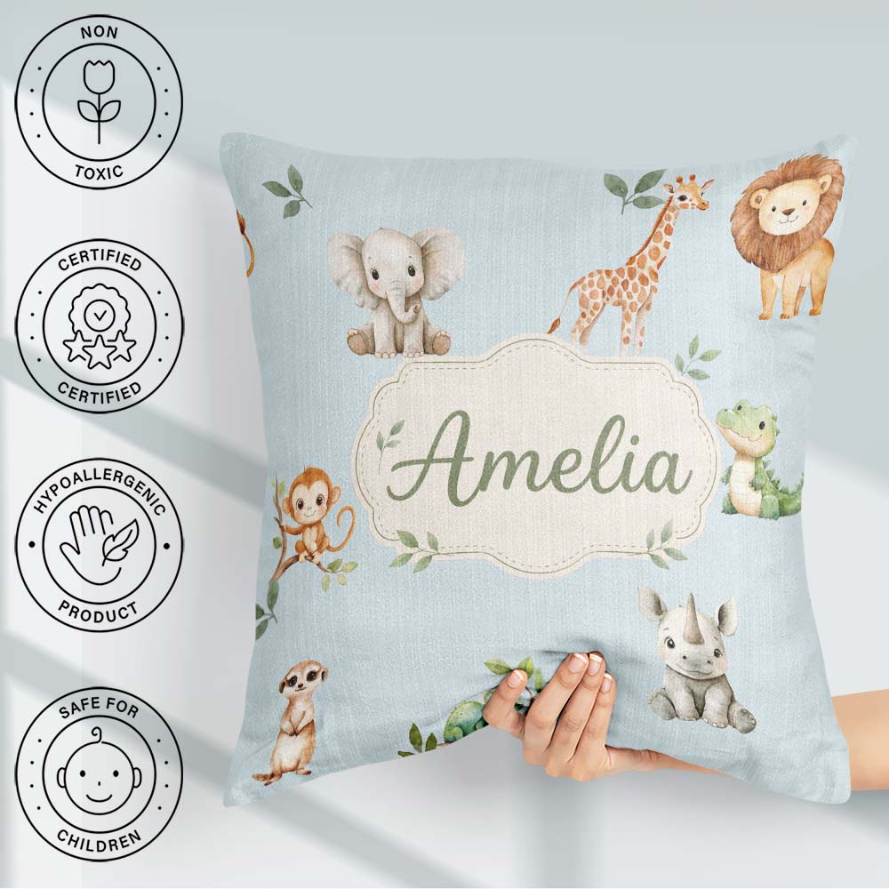 Custom Name Safari with Elephant Lion and Crocodile on Soft Blue Square Filled Cushion Throw Pillow Sofa Bed Home Decor Zip Washable UK Made