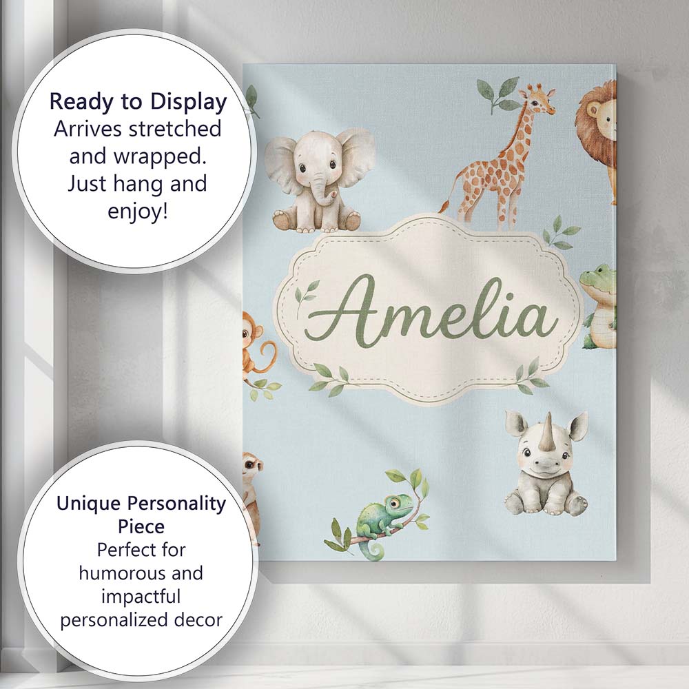Personalised Name Safari Animals with Custom Modern Room Accent Creative Decorator Style Canvas Wall Art Print Decor Picture Ready to Hang