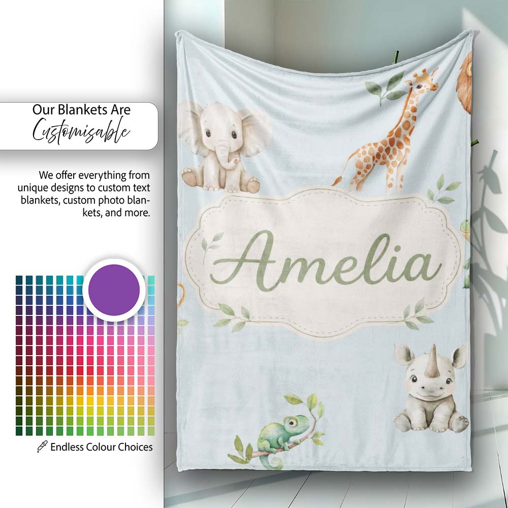 Safari Animals with Elephant Lion and Crocodile on Soft Blue Lovely  Personalised Custom Name Super Soft Fleece Blanket Bed Sofa Throw