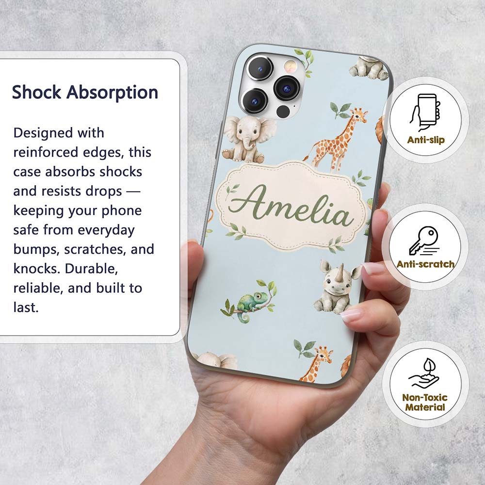 Safari Animals with Elephant Lion and Crocodile Custom Name Protective Phone Case Mobile Cover Durable Everyday Smartphone Shock Resistant