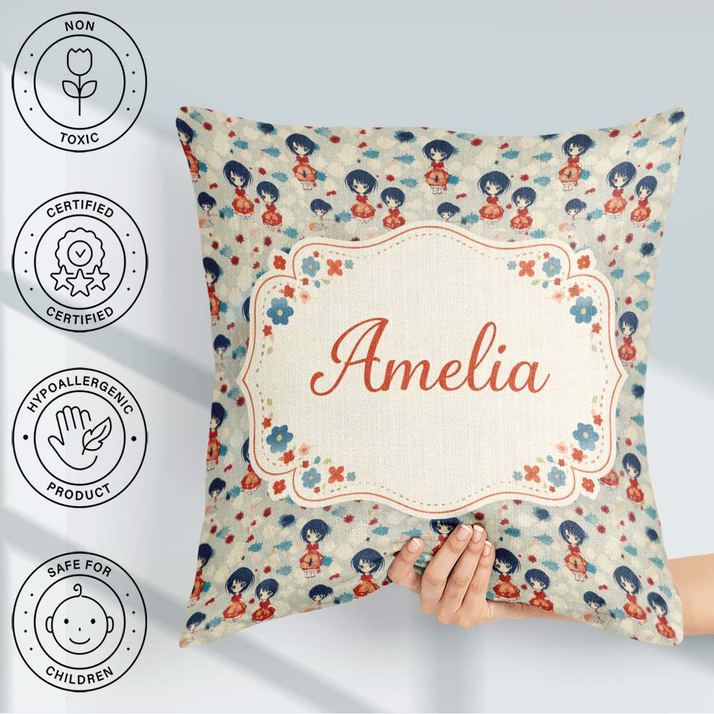 Custom Name Japanese Doll Red Kimono Floral Pattern Style Design Square Filled Cushion Throw Pillow Sofa Bed Home Decor Zip Washable UK Made