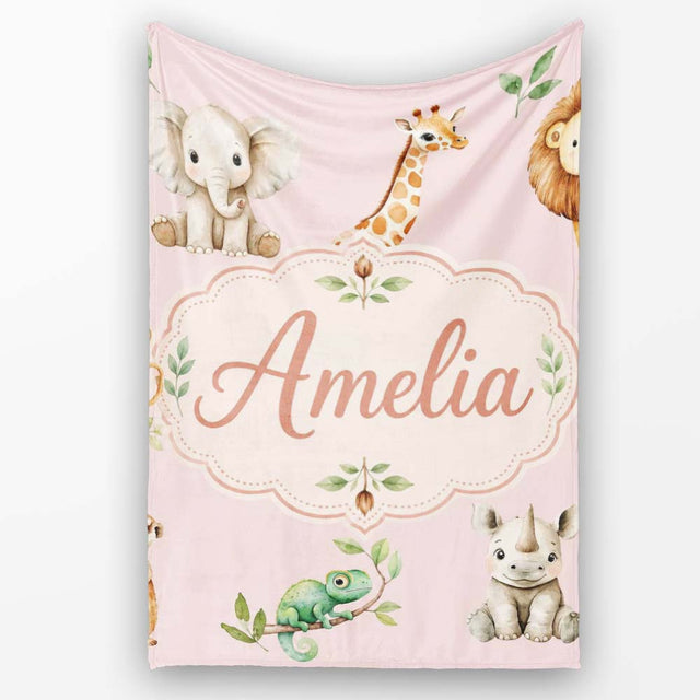 Safari Animals with Elephant Lion and Crocodile on Blush Pink Lovely  Personalised Custom Name Super Soft Fleece Blanket Bed Sofa Throw