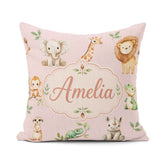 Custom Name Safari Animals with Lion and Crocodile on Blush Pink Square Filled Cushion Throw Pillow Sofa Bed Home Decor Zip Washable UK Made