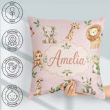 Custom Name Safari Animals with Lion and Crocodile on Blush Pink Square Filled Cushion Throw Pillow Sofa Bed Home Decor Zip Washable UK Made