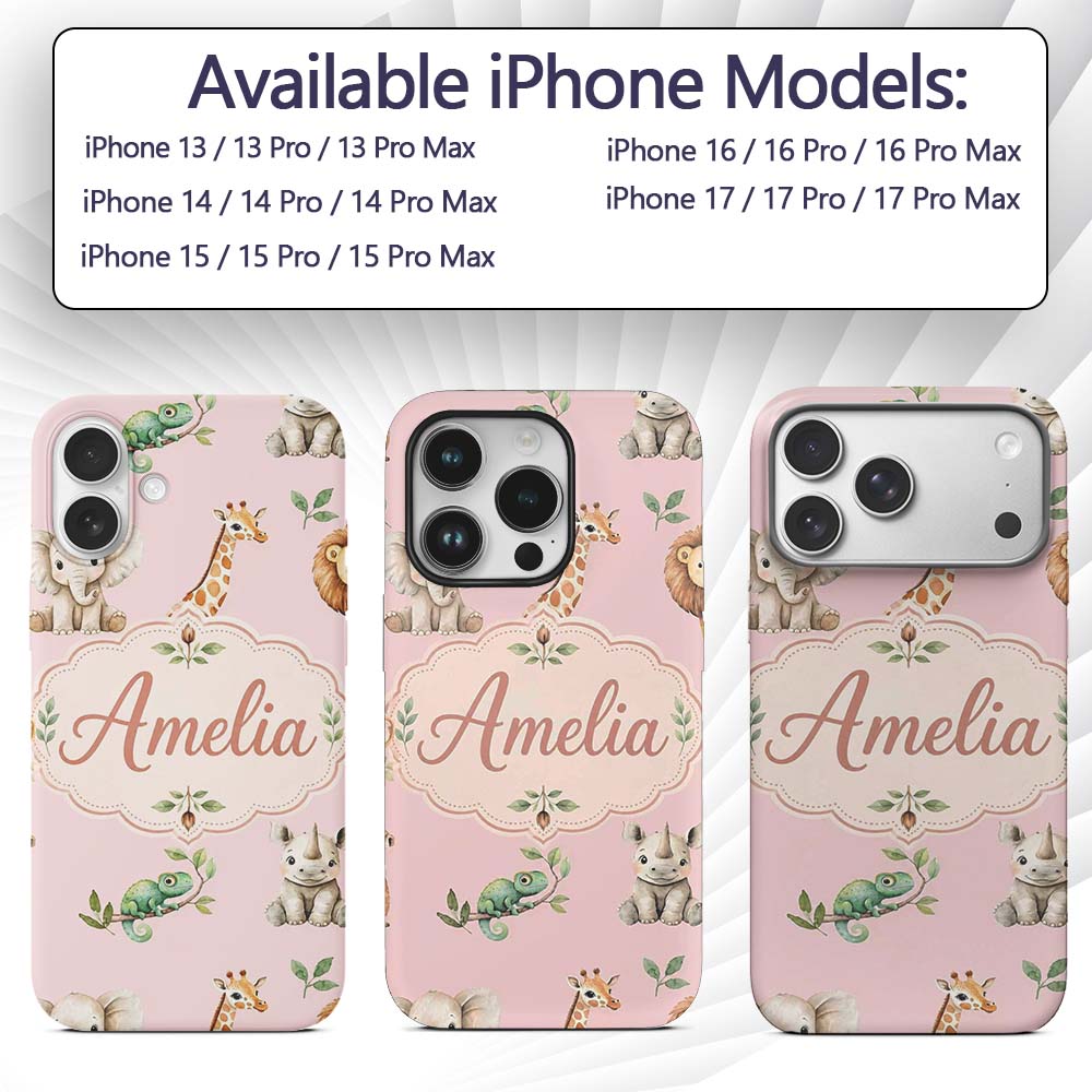 Safari Animals with Elephant Lion and Crocodile Custom Name Protective Phone Case Mobile Cover Durable Everyday Smartphone Shock Resistant