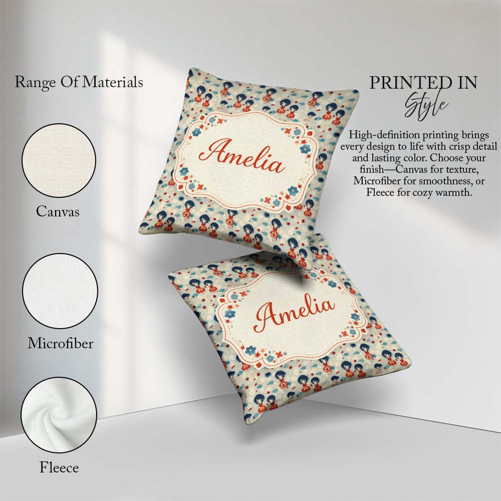 Custom Name Japanese Doll Red Kimono Floral Pattern Style Design Square Filled Cushion Throw Pillow Sofa Bed Home Decor Zip Washable UK Made