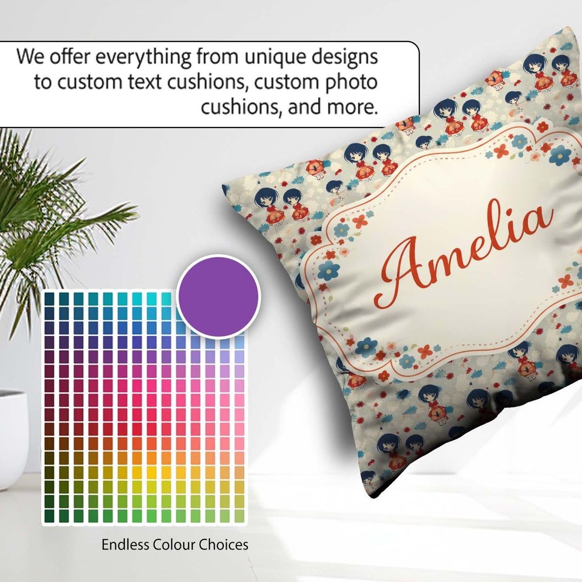 Custom Name Japanese Doll Red Kimono Floral Pattern Style Design Square Filled Cushion Throw Pillow Sofa Bed Home Decor Zip Washable UK Made