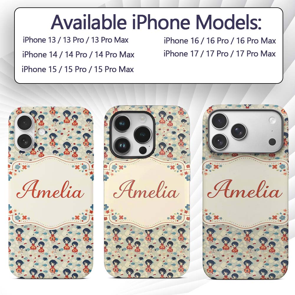 Japanese Doll Red Kimono Floral Printed Design Custom Name Protective Phone Case Mobile Cover Durable Everyday Smartphone Shock Resistant