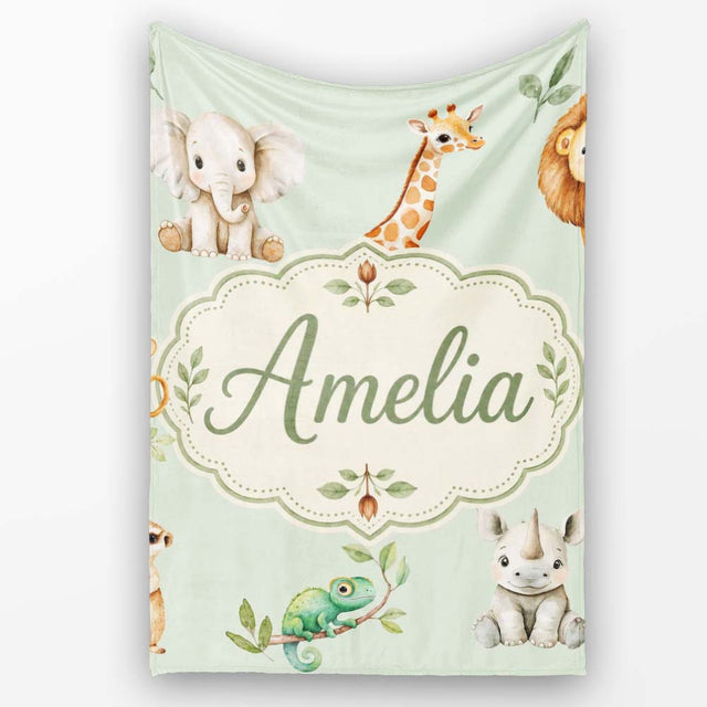 Safari Animals with Elephant Lion and Crocodile on Sage Green Lovely  Personalised Custom Name Super Soft Fleece Blanket Bed Sofa Throw