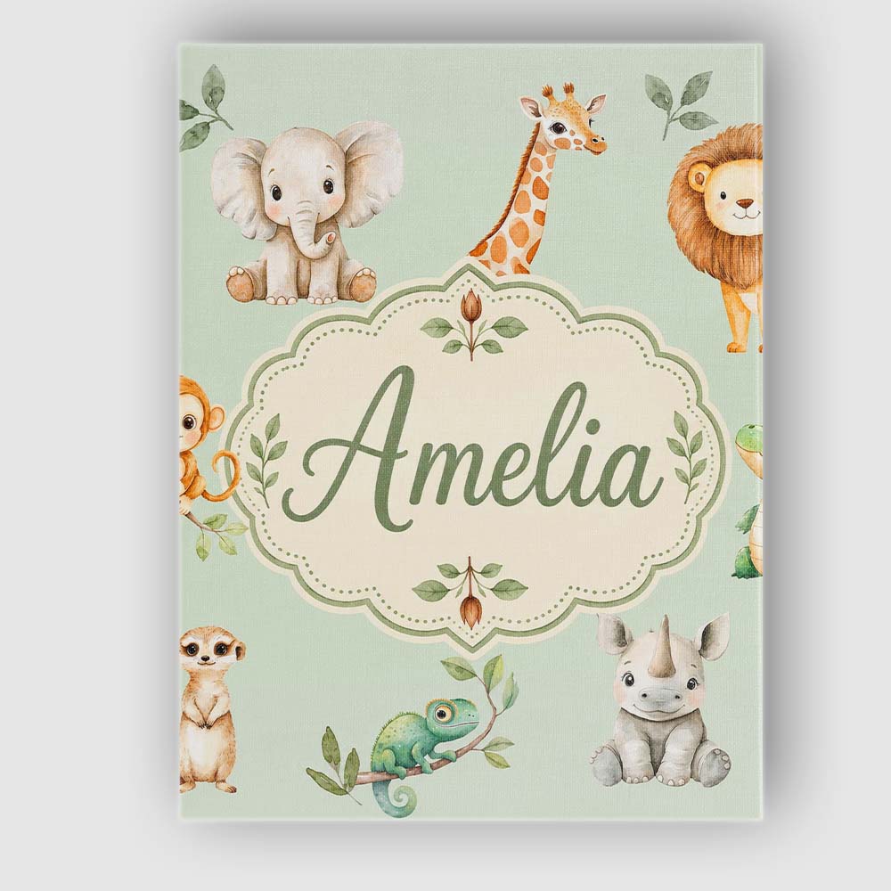 Personalised Name Safari Animals with Custom Modern Room Accent Creative Decorator Style Canvas Wall Art Print Decor Picture Ready to Hang