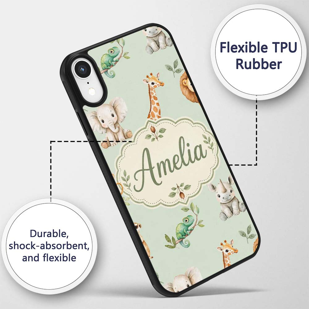 Safari Animals with Elephant Lion and Crocodile Custom Name Protective Phone Case Mobile Cover Durable Everyday Smartphone Shock Resistant
