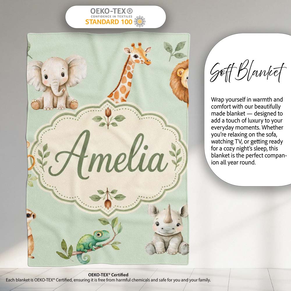 Safari Animals with Elephant Lion and Crocodile on Sage Green Lovely  Personalised Custom Name Super Soft Fleece Blanket Bed Sofa Throw