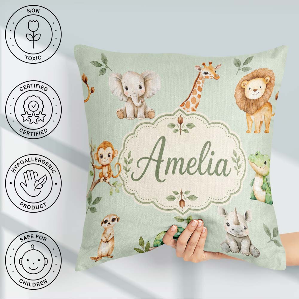 Custom Name Safari Animals with Lion and Crocodile on Sage Green Square Filled Cushion Throw Pillow Sofa Bed Home Decor Zip Washable UK Made