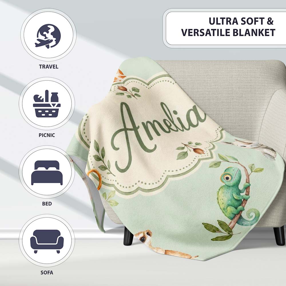 Safari Animals with Elephant Lion and Crocodile on Sage Green Lovely  Personalised Custom Name Super Soft Fleece Blanket Bed Sofa Throw