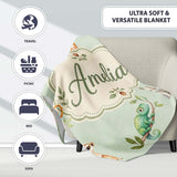 Safari Animals with Elephant Lion and Crocodile on Sage Green Lovely  Personalised Custom Name Super Soft Fleece Blanket Bed Sofa Throw