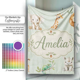 Safari Animals with Elephant Lion and Crocodile on Sage Green Lovely  Personalised Custom Name Super Soft Fleece Blanket Bed Sofa Throw