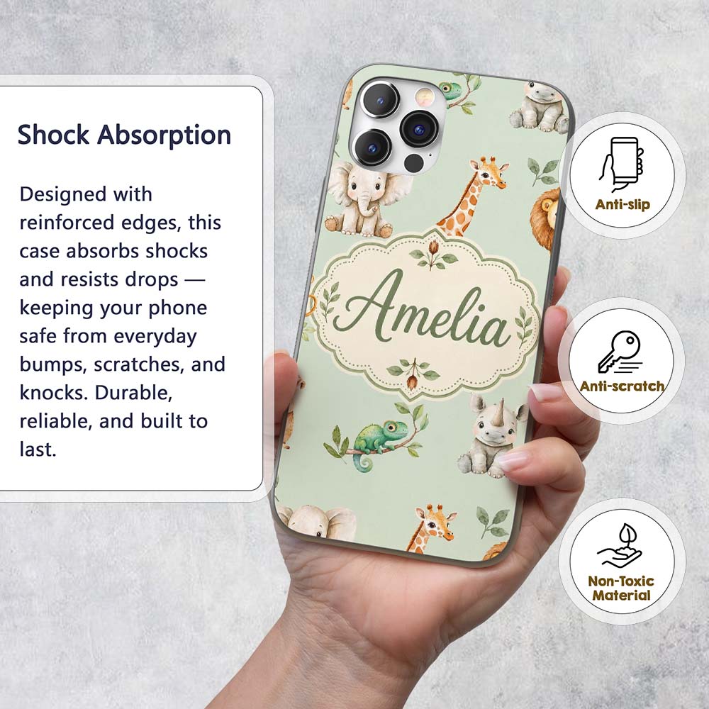Safari Animals with Elephant Lion and Crocodile Custom Name Protective Phone Case Mobile Cover Durable Everyday Smartphone Shock Resistant