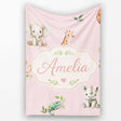 Safari Animals with Elephant Lion and Crocodile on Soft Pink Lovely  Personalised Custom Name Super Soft Fleece Blanket Bed Sofa Throw