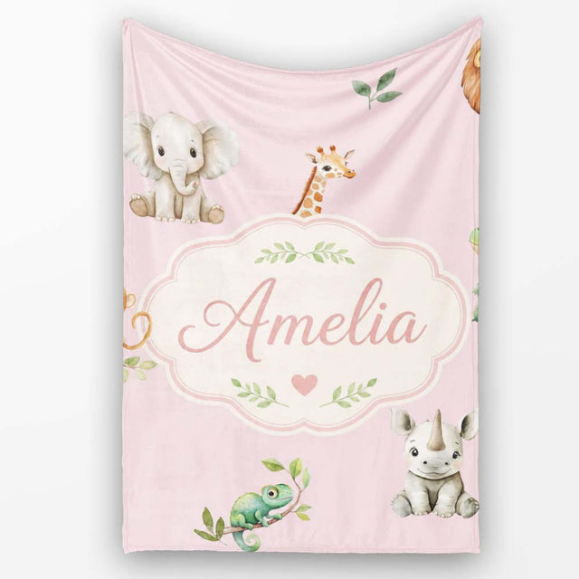 Safari Animals with Elephant Lion and Crocodile on Soft Pink Lovely  Personalised Custom Name Super Soft Fleece Blanket Bed Sofa Throw