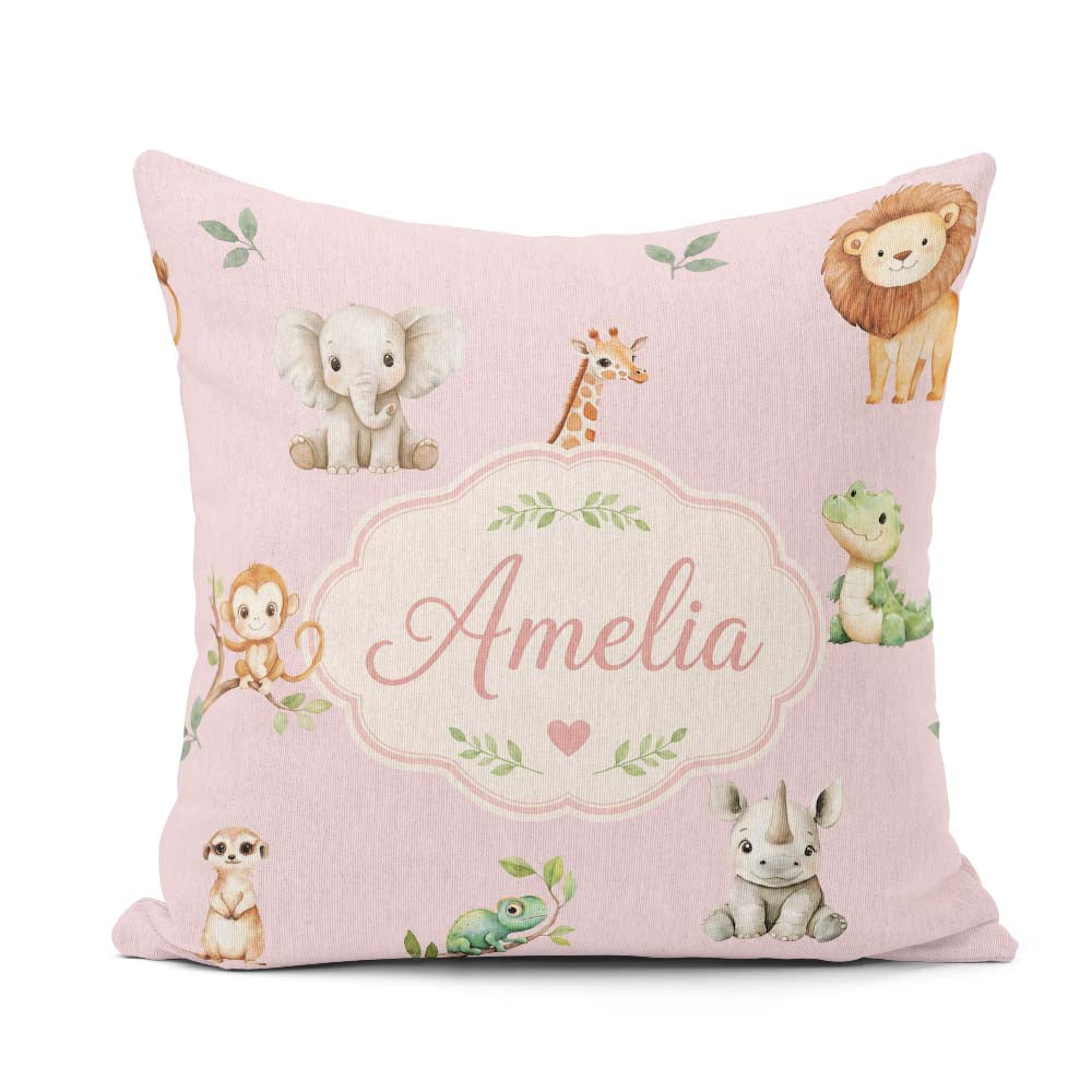 Custom Name Safari with Elephant Lion and Crocodile on Soft Pink Square Filled Cushion Throw Pillow Sofa Bed Home Decor Zip Washable UK Made