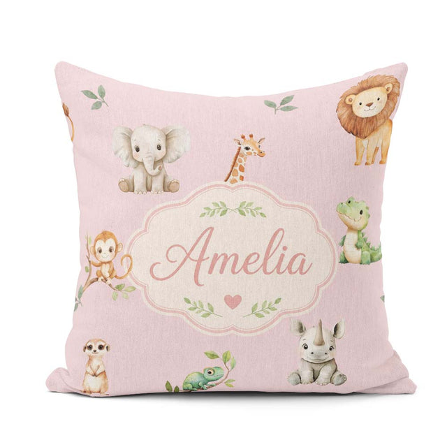 Custom Name Safari with Elephant Lion and Crocodile on Soft Pink Square Filled Cushion Throw Pillow Sofa Bed Home Decor Zip Washable UK Made