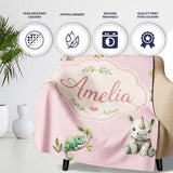 Safari Animals with Elephant Lion and Crocodile on Soft Pink Lovely  Personalised Custom Name Super Soft Fleece Blanket Bed Sofa Throw