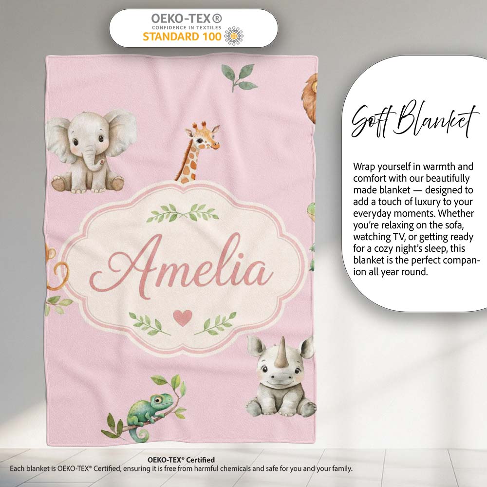 Safari Animals with Elephant Lion and Crocodile on Soft Pink Lovely  Personalised Custom Name Super Soft Fleece Blanket Bed Sofa Throw