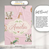 Safari Animals with Elephant Lion and Crocodile on Soft Pink Lovely  Personalised Custom Name Super Soft Fleece Blanket Bed Sofa Throw
