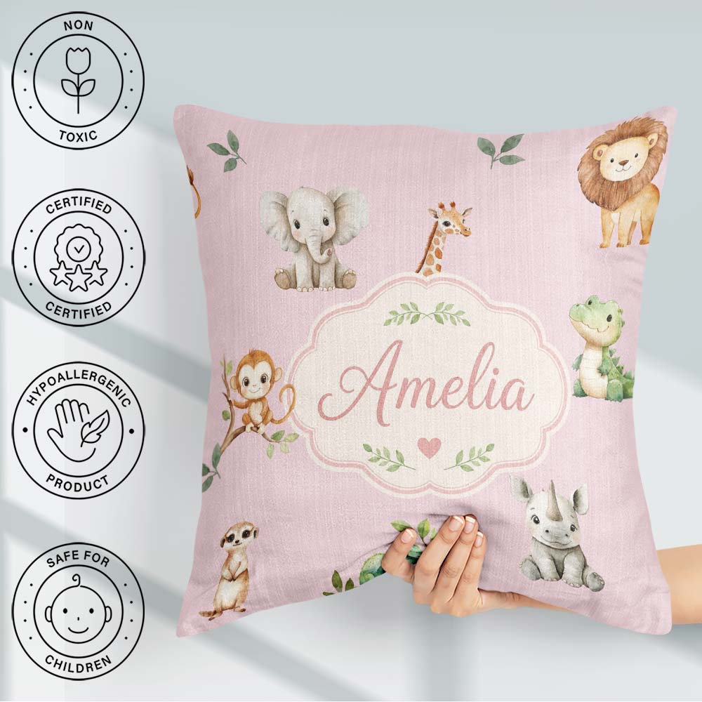 Custom Name Safari with Elephant Lion and Crocodile on Soft Pink Square Filled Cushion Throw Pillow Sofa Bed Home Decor Zip Washable UK Made