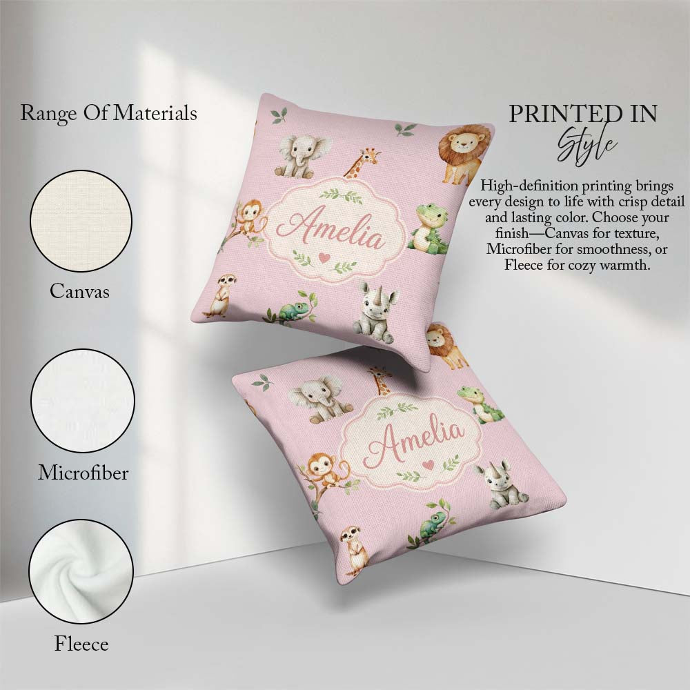 Custom Name Safari with Elephant Lion and Crocodile on Soft Pink Square Filled Cushion Throw Pillow Sofa Bed Home Decor Zip Washable UK Made