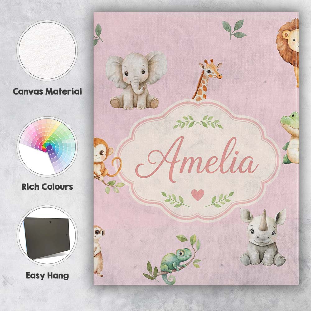 Personalised Name Safari Animals with Custom Modern Room Accent Creative Decorator Style Canvas Wall Art Print Decor Picture Ready to Hang