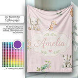 Safari Animals with Elephant Lion and Crocodile on Soft Pink Lovely  Personalised Custom Name Super Soft Fleece Blanket Bed Sofa Throw