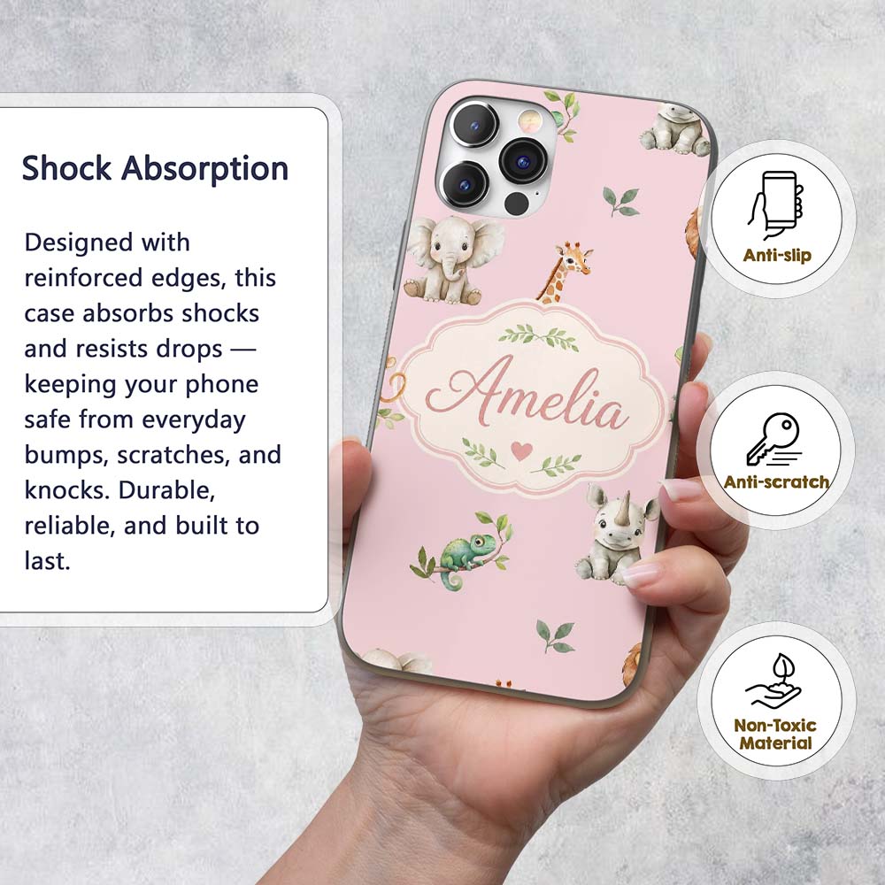 Safari Animals with Elephant Lion and Crocodile Custom Name Protective Phone Case Mobile Cover Durable Everyday Smartphone Shock Resistant